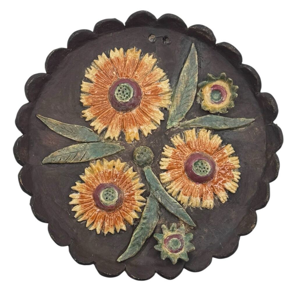Handmade Raised Relief Ceramic Pottery Sunflowers Wall Plaque 8.5" Hobbyist Art
